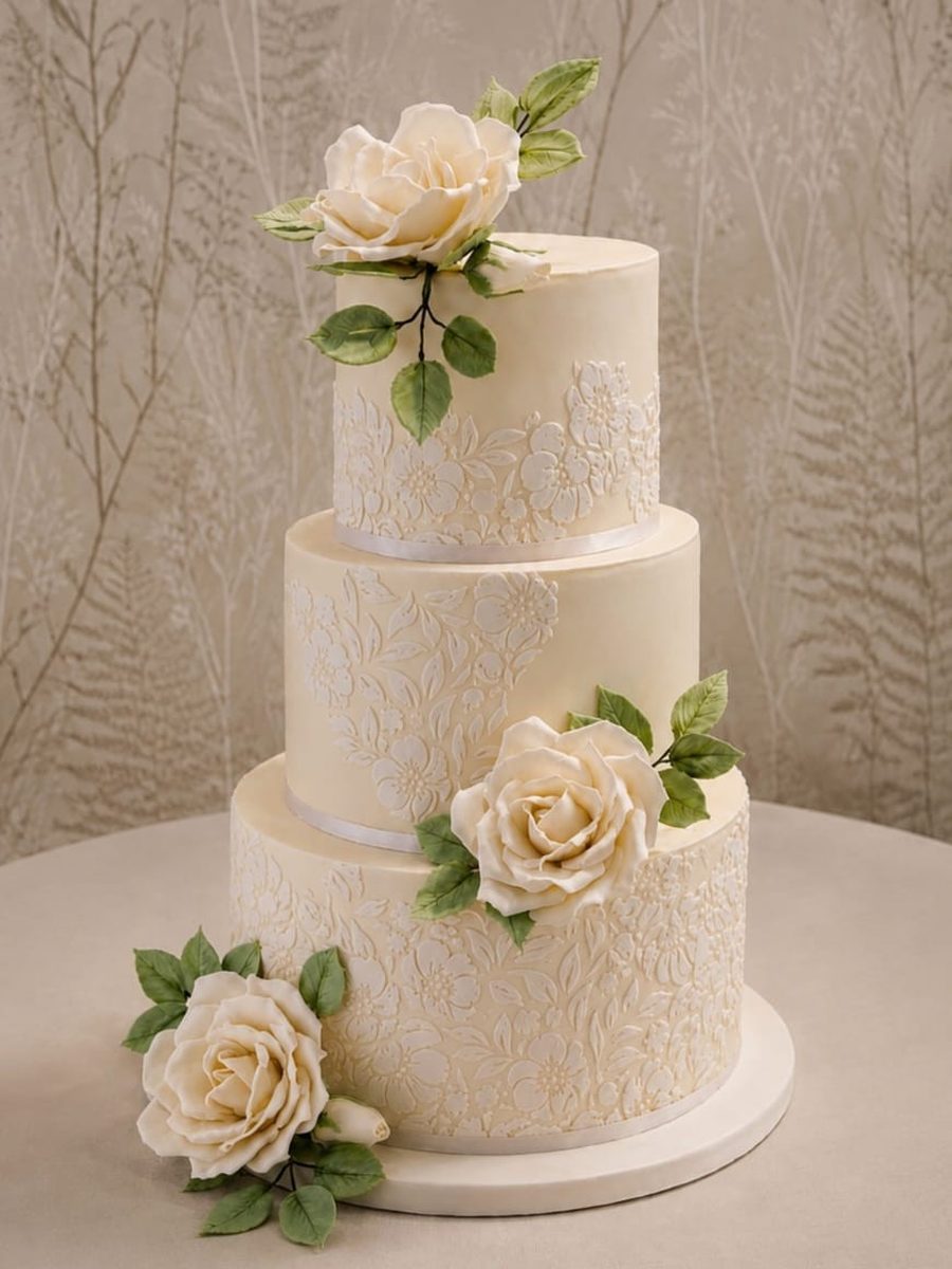 Ivory Floral Stencil & Handmade Roses by VDK Cakes