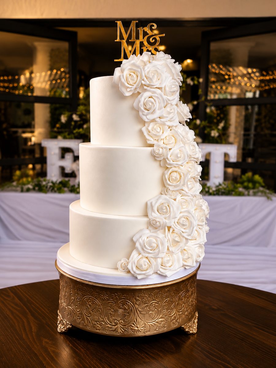 White Wedding Cake with Roses by VDK Cakes